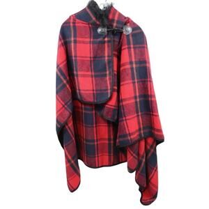 Jones New York Red Plaid Faux Fur Cape Coat One Size Cozy Winter Layer